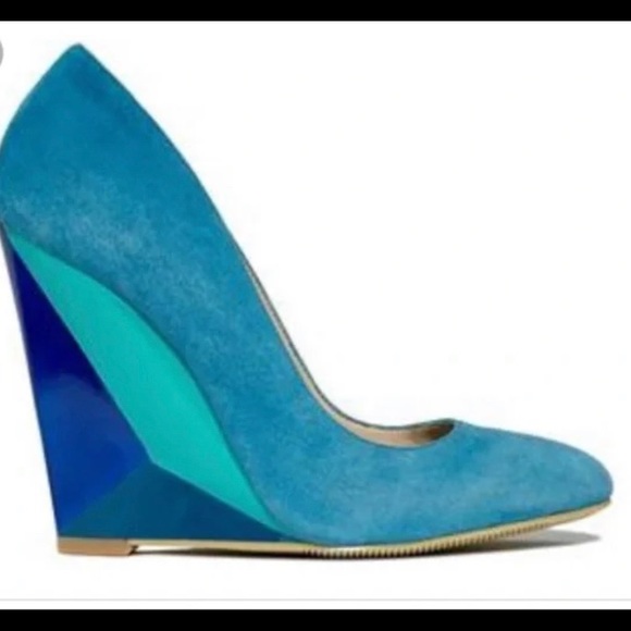 NEW! RACHEL ROY MULTI BLUE SUEDE WEDGE LACINA PUMP SZ 10 - Picture 3 of 12